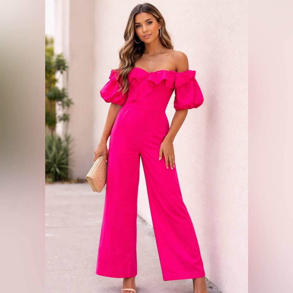 Hot Pink Off Shoulder Jumpsuit Ruffle Wide Leg Chic , crop